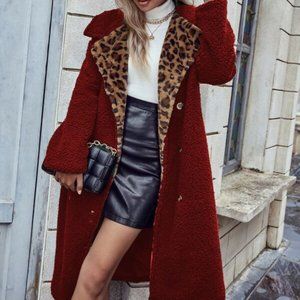 Leopard Panel Double Breasted Teddy Coat